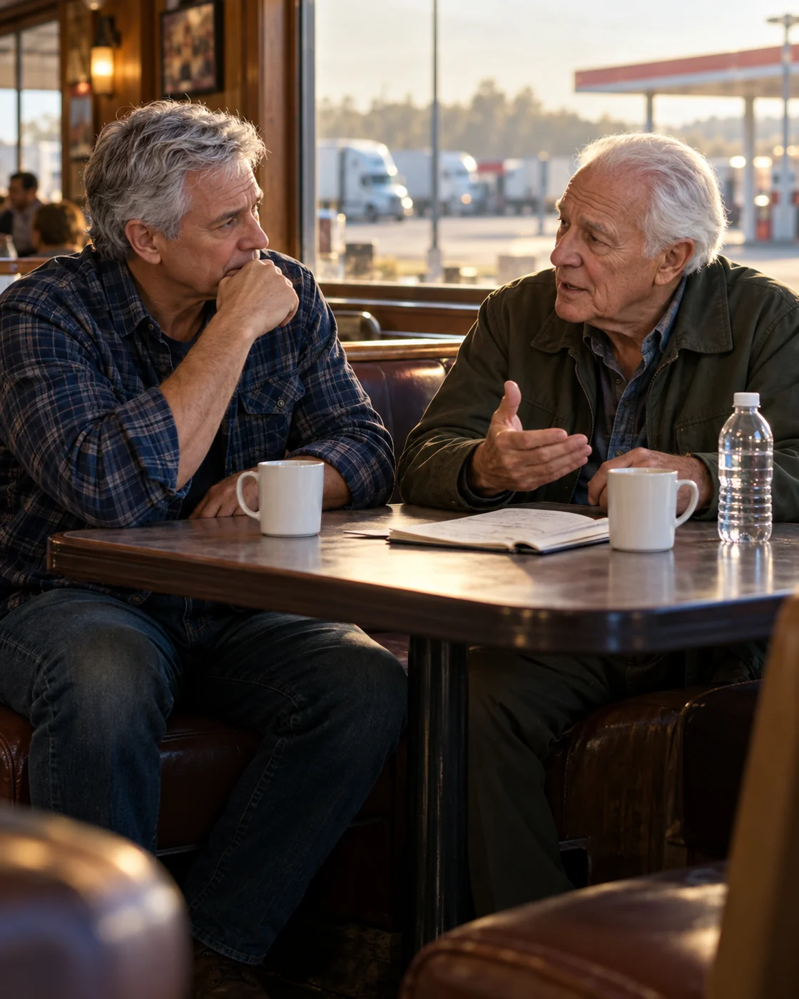 Illustrated scene of Bob and Dr. Tom discussing a question in a roadside diner
