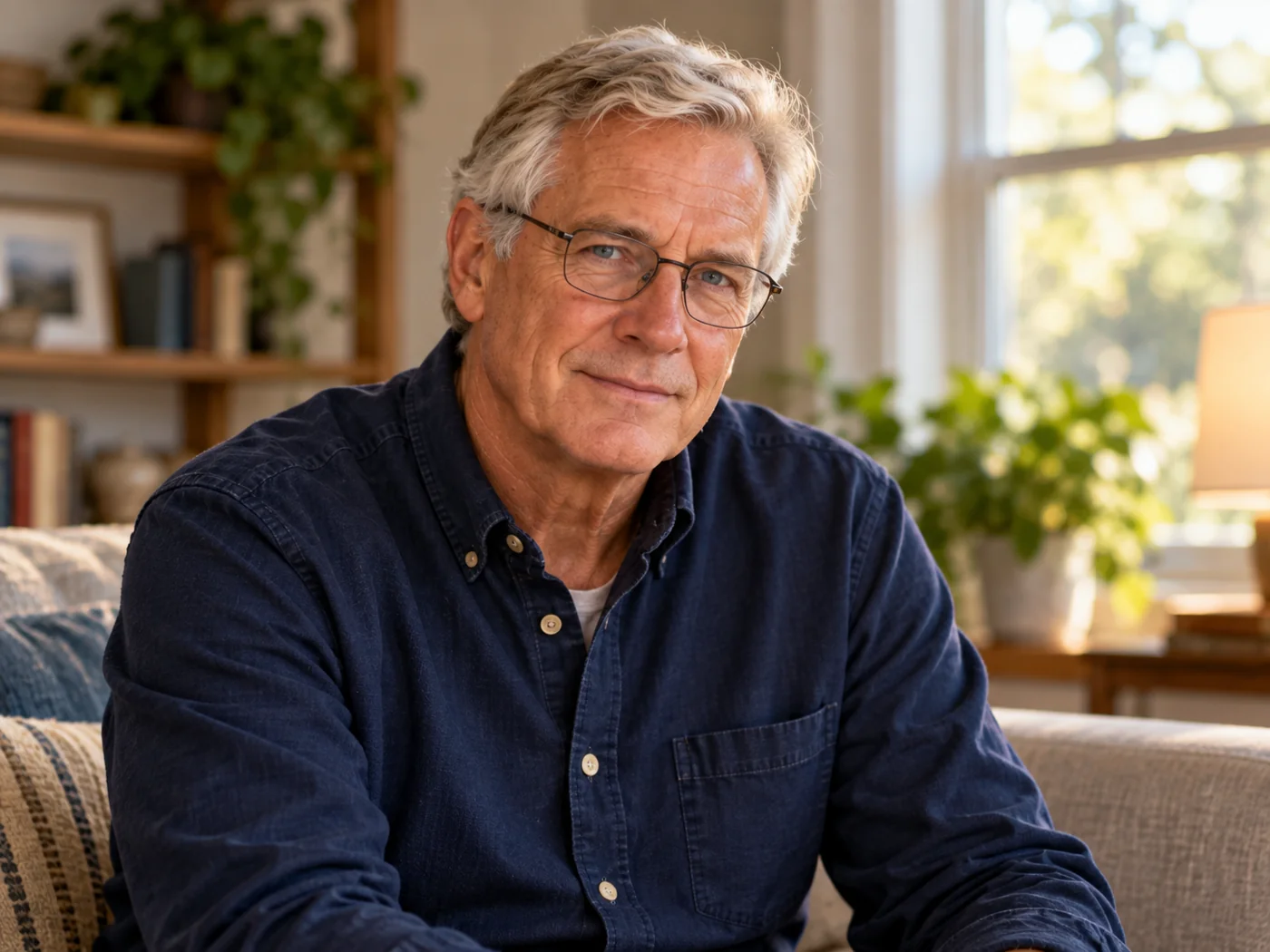 Illustrated portrait of Bob, a silver-haired man seated at home