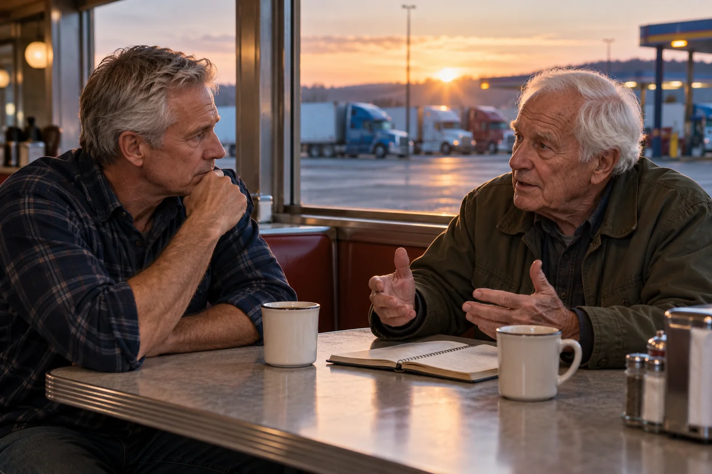 Two older men talking over coffee in a roadside diner