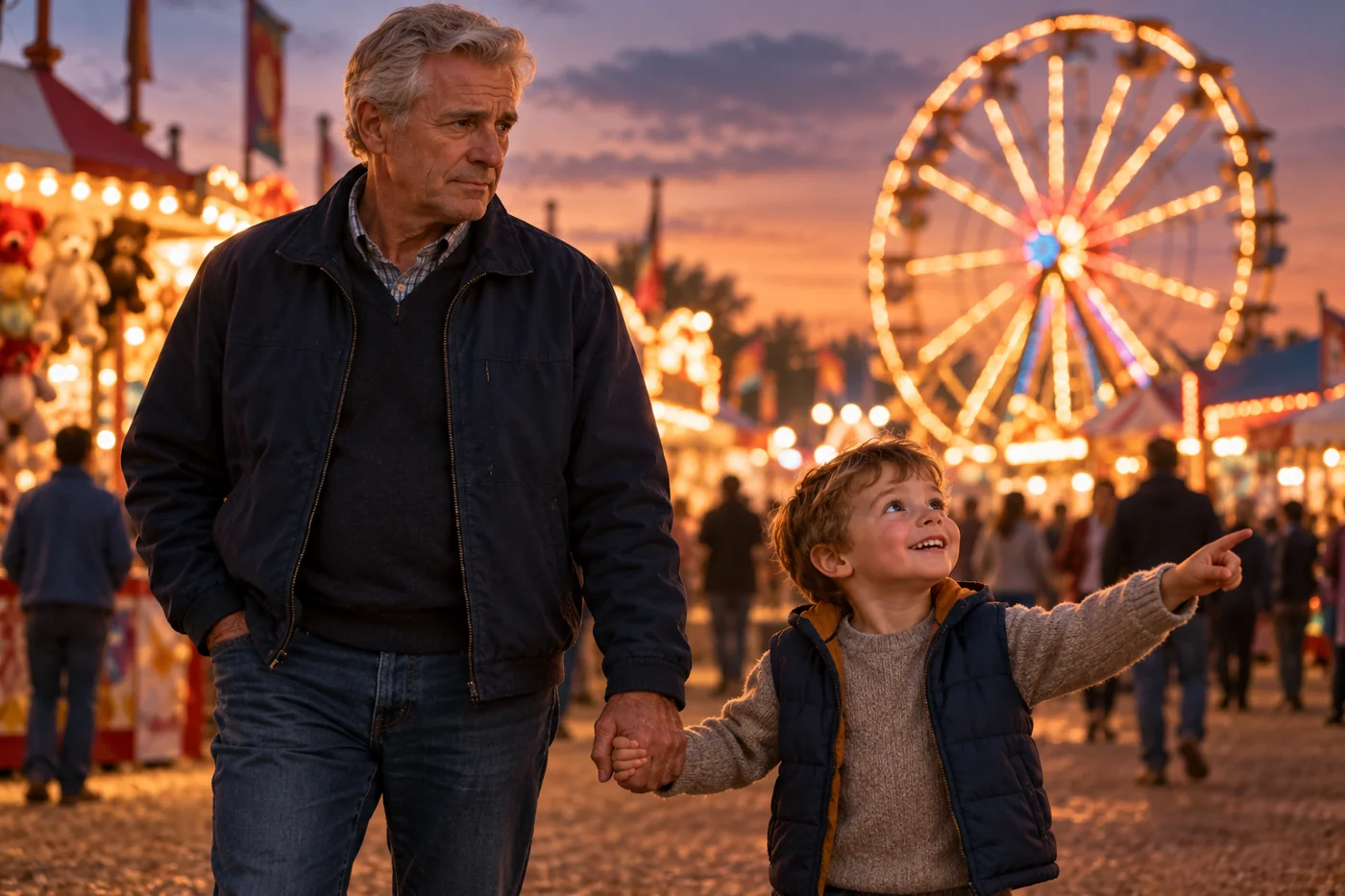 Grandfather and grandson at a fairground beside a Ferris wheel