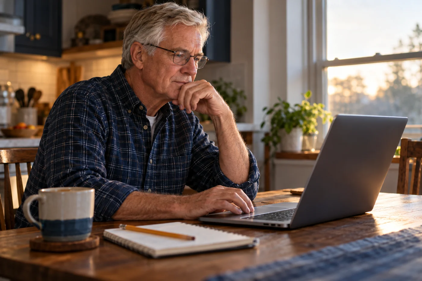 An older man researching on his laptop at the kitchen table