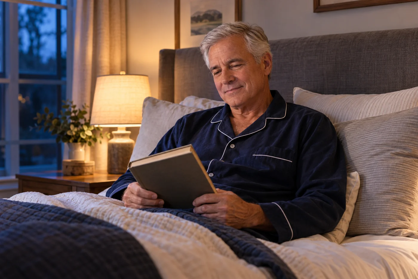 An older man winding down with a book before bed