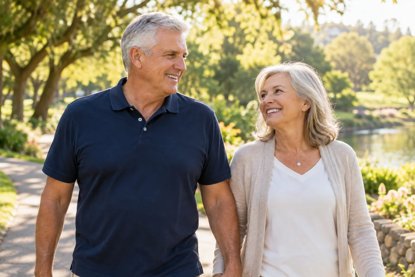 An older couple enjoying a morning walk in the park