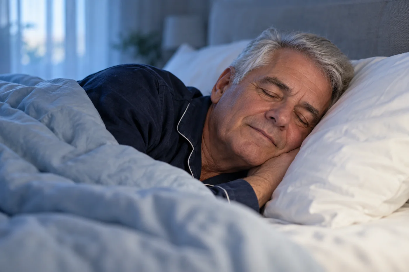 An older man sleeping peacefully in soft dawn light