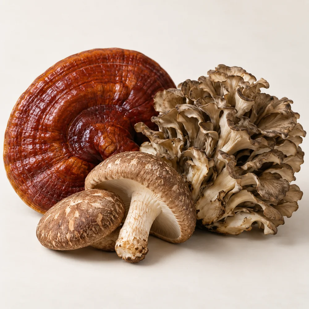 Reishi, shiitake and maitake mushrooms