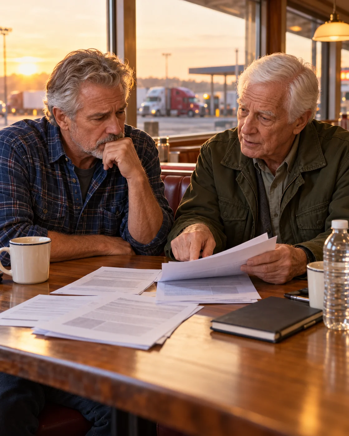 Dr. Tom showing Bob a stack of research papers at a roadside diner