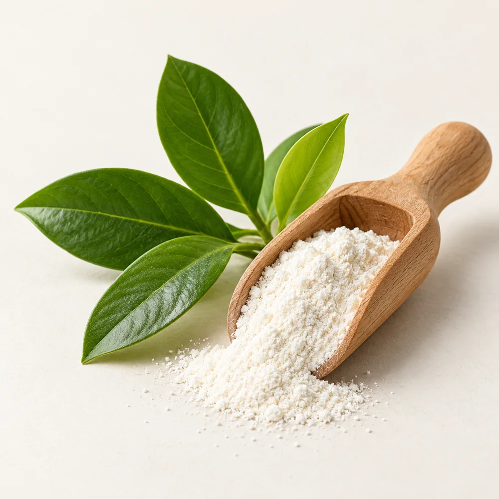 A scoop of plant extract powder with green leaves