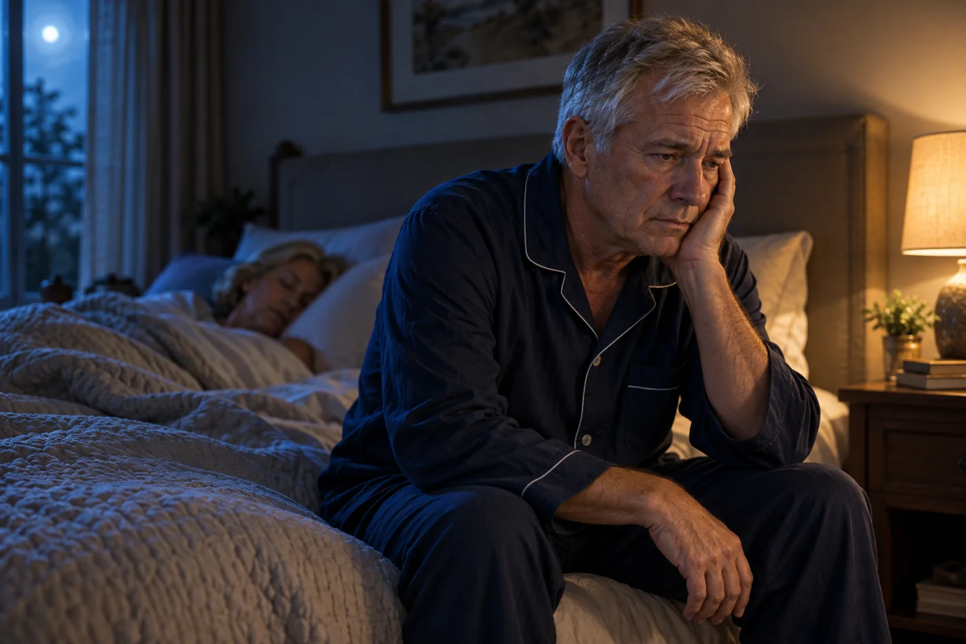 An older man sitting awake on the edge of his bed