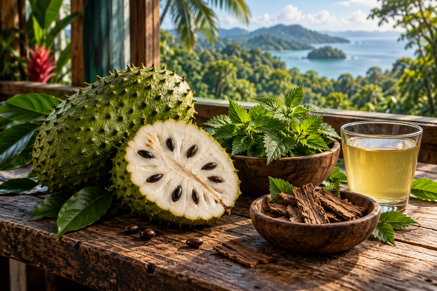 Soursop, herbs and a glass of botanical infusion on a rustic table