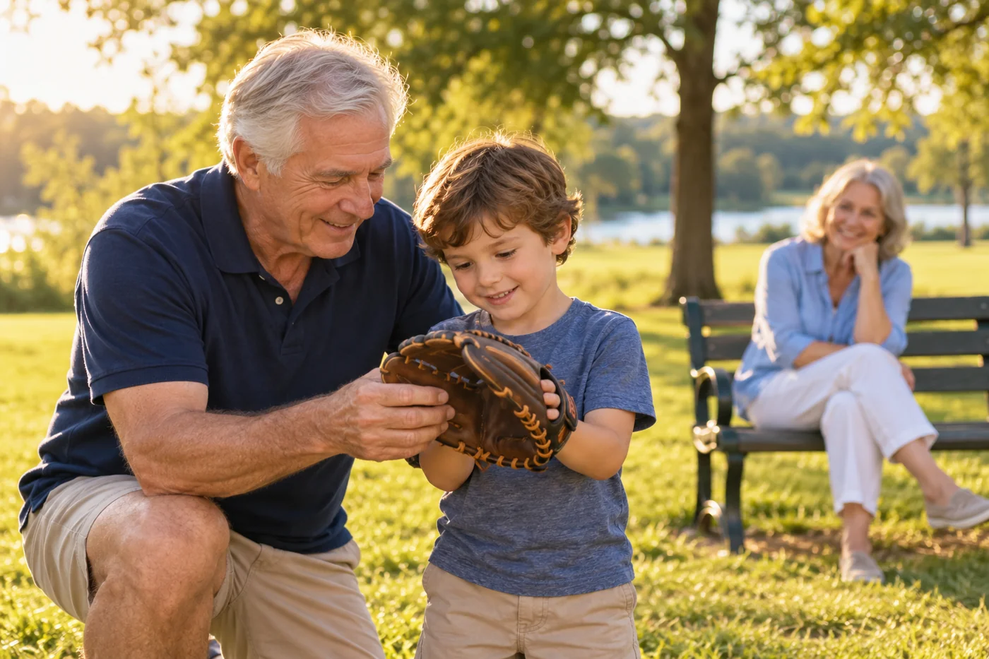 Grandfather and grandson enjoying baseball together in a park