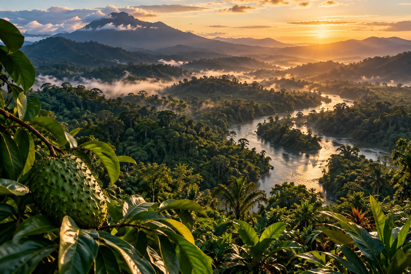 Sunrise over a lush tropical rainforest and winding river